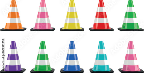 Tableau sur toile Colorful Traffic Cone Icon Set with Orange, Pink, Yellow, Red, Green, Blue, and