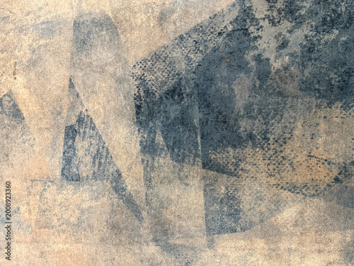 Graphic background of fabric or carpet in random grunge dirt with geometrical pattern, in shades of blue and beige color. For carpet, rug, fabric, upholstery. Seamless background texture. 