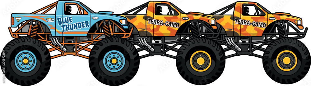 Fototapeta premium Monster Truck Icon Set with Blue and Orange Custom Trucks, Huge Wheels, Off-Road Vehicles, and Extreme Racing Designs