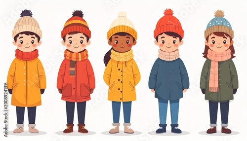 Diverse Group of Children Wearing Warm Winter Clothing and Hats.