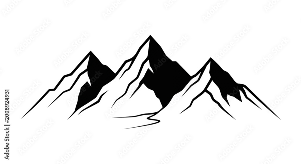 Naklejka premium A bold black and white vector image of sharp mountain peaks with a winding path leading toward the high snowy summit in distance.