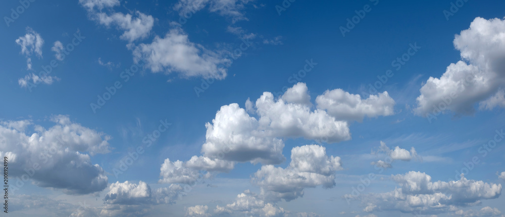 Fototapeta premium Heaven blue wide panorama of sky with many white clouds.