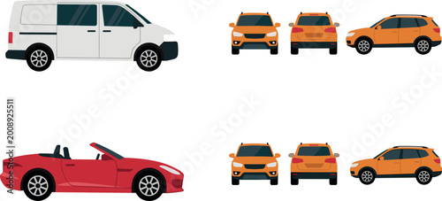 Vehicle Car Icon Set with Vans, SUVs, and Convertible Cars in Front, Side, and Rear Views for Transportation, Travel, and Automotive Designs