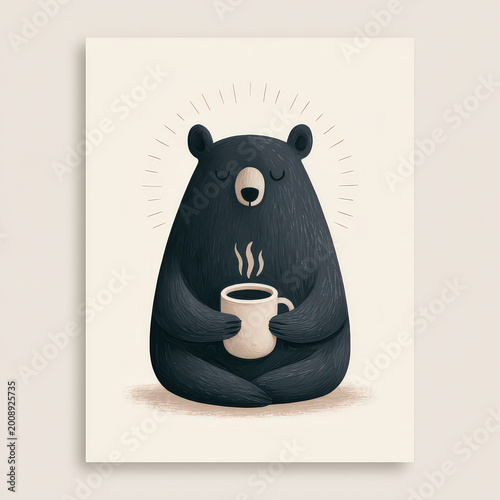 Black bear, meditating, holding mug, steaming drink, cute, illustration