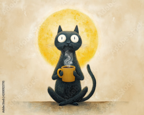 Whimsical cat meditation coffee mug halo black cat illustration
