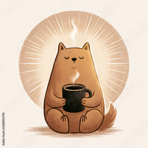 Meditating cat holding mug with steam and halo, calm kawaii illustration