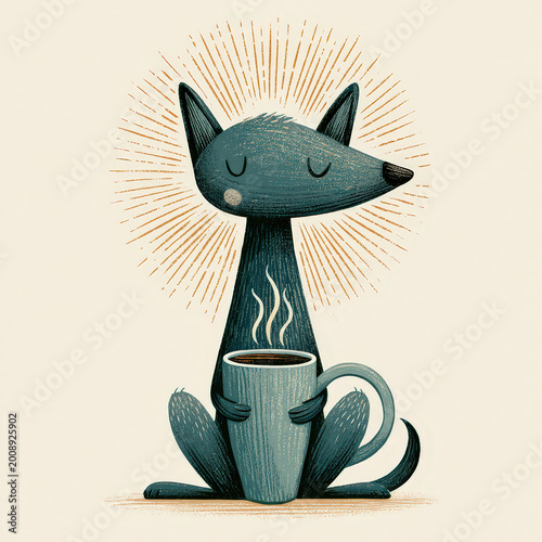 Whimsical dog holding coffee cup with halo rays, peaceful meditation scene, cute illustration