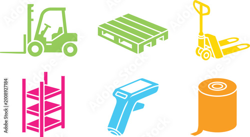Logistic warehouse items icons set with forklift pallet jack rack scanner and roll with web design