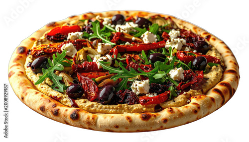 Gourmet Mediterranean pizza with a creamy hummus base, adorned with vibrant sun-dried tomatoes, briny black olives, fresh arugula, and crumbled feta cheese, showcased