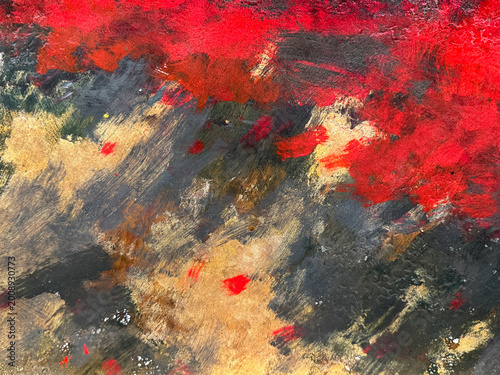 Fotografie Close up of random brushed paint in mixture of red, blue, beige, and brown color