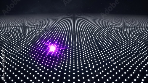 Vibrant purple light amidst a vast array of white dots on a dark background creating a futuristic technological ambiance with a sense of innovation and anomaly