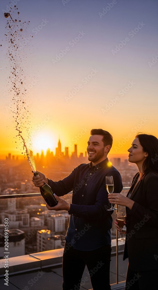 Fototapeta premium Couple Celebrating with Champagne on Rooftop at Sunset City Skyline