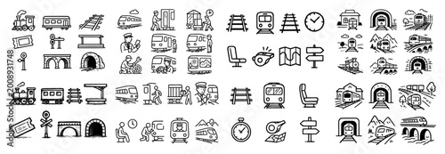 Train travel doodle icons: vehicles, tracks, stations