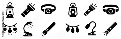Camping icons with lantern flashlight headlamp minimal