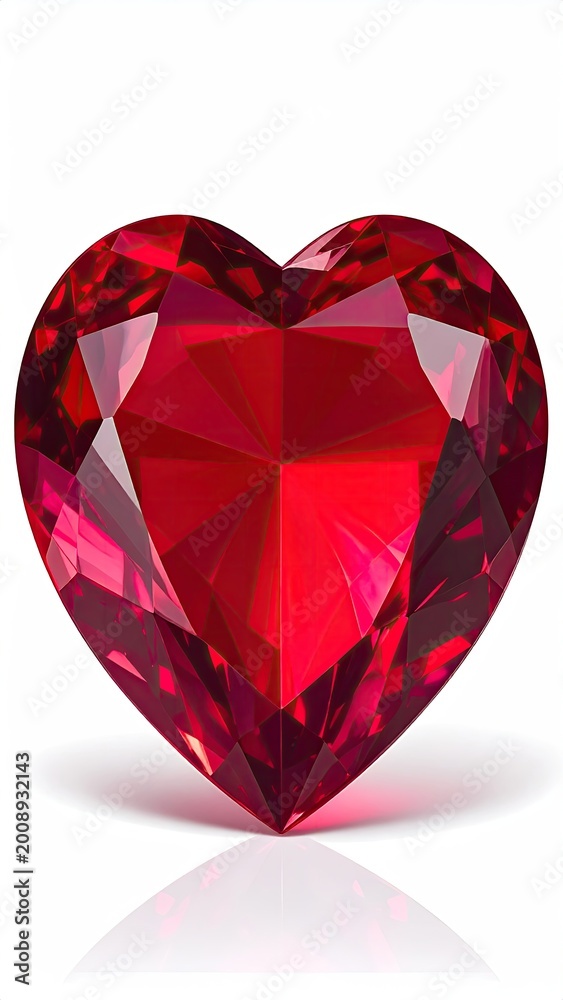 Fototapeta premium A brilliant, faceted red gemstone cut into a heart shape, on a white background