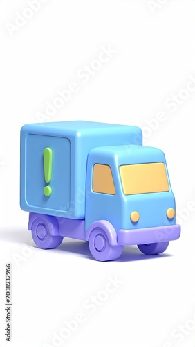 A cartoon blue truck with a green exclamation mark on its side