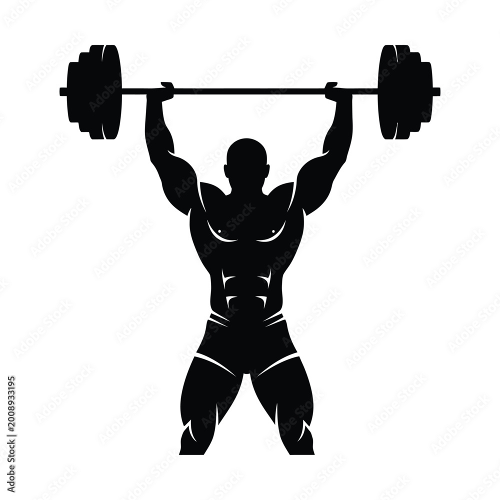 Naklejka premium Weightlifting silhouette of muscular bodybuilder lifting heavy barbell, powerlifting athlete performing overhead press, gym fitness vector icon for bodybuilding and strength training