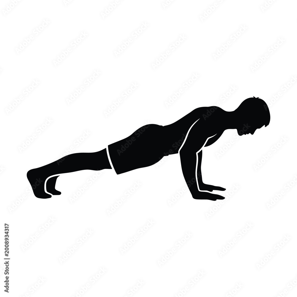 Fototapeta premium Athletic man silhouette performing push ups, male fitness athlete doing plank exercise vector, bodyweight strength training workout icon, gym and health club branding graphic