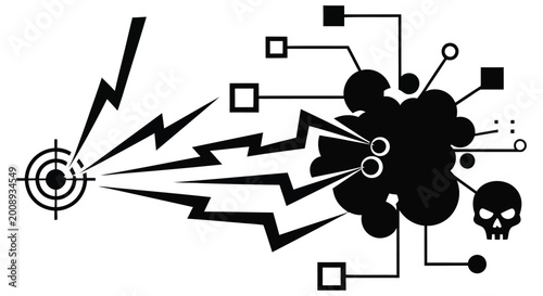 Schilderij op canvas Abstract black and white illustration of a target explosion and network connecti