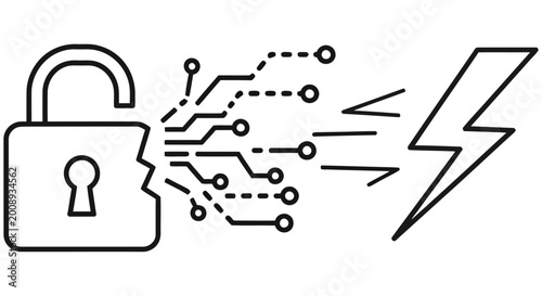 Foto An open padlock disintegrating into digital particles and a lightning bolt