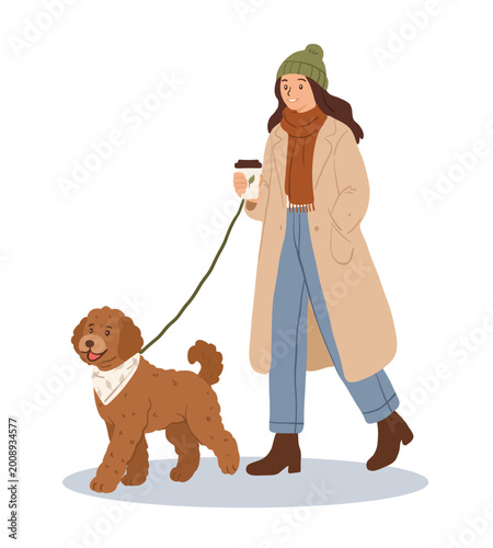 Quadro su tela Girl walking dog outside in park, pet owner lifestyle.
