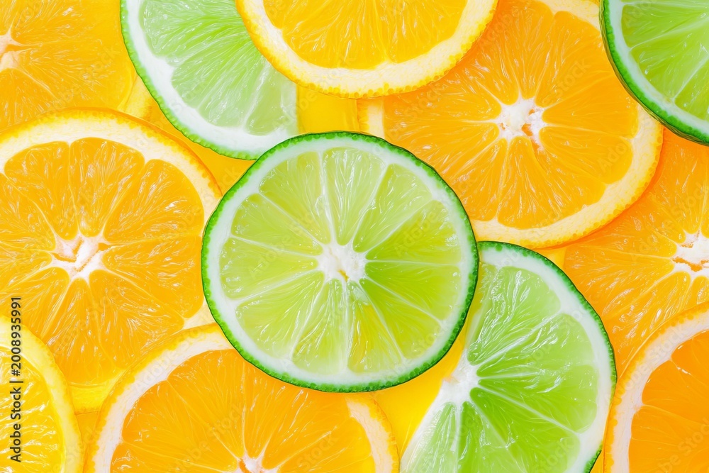Obraz premium Slices of orange and lime arranged on a bright background in a kitchen setting during the afternoon