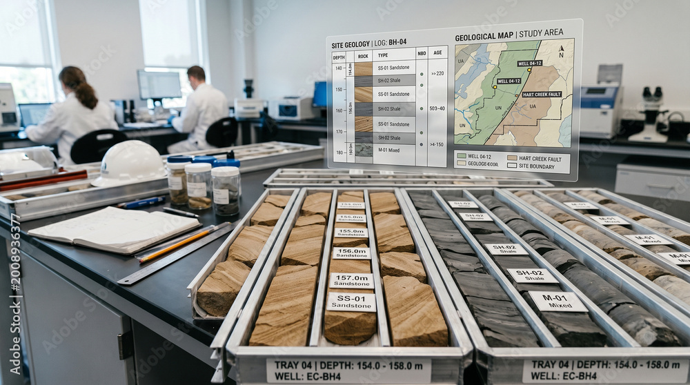 © AiHRG Design - Two people work in a laboratory setting. They analyze geological samples laid out on a table. A map shows the study area with detailed notes.
