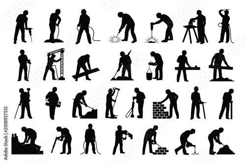 Construction workers silhouette set performing tasks in various poses with tools and equipment including shovels hammers and saws depicted in black and white vector style