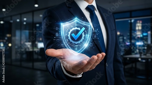 Man's open palm projecting glowing digital shield icon with checkmark and lock.