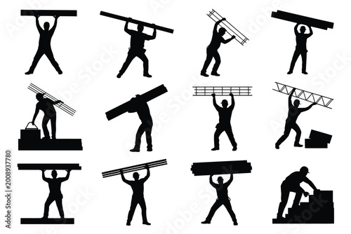 Black silhouette series of a person demonstrating various techniques for lifting and handling heavy wooden beams and planks in a construction setting