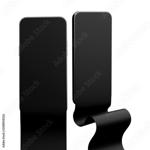 Two black smartphones with blank screens on transparent background for social media feed