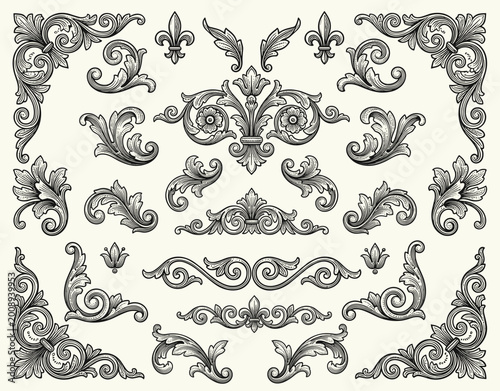 Fotografie Ornate ornamental vector pattern with floral scroll motifs and corners