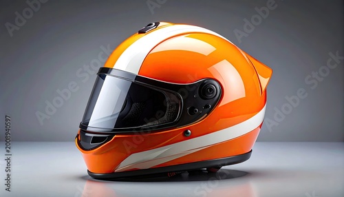Bright orange racing helmet with white stripes on a reflective surface