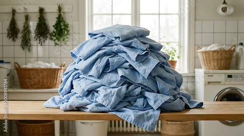 A large pile of freshly laundered pale blue linen neatly stacked on a wooden table in a bright laundry room