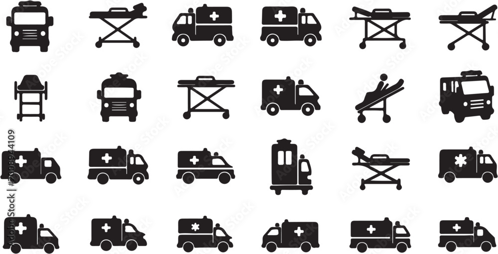 Obraz premium Collection of ambulance and medical stretcher silhouettes for emergency services.