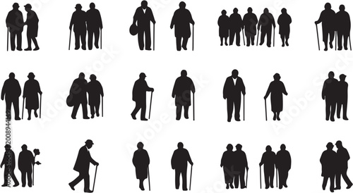 Εκτύπωση καμβά Silhouettes of elderly people walking with canes and in groups.