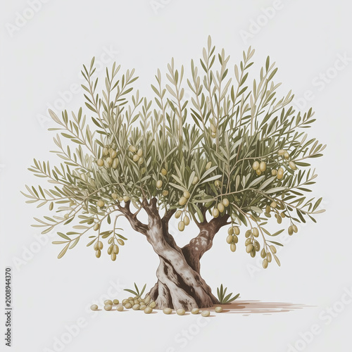Mediterranean olive tree with ripe fruit illustration for organic food packaging design elements.