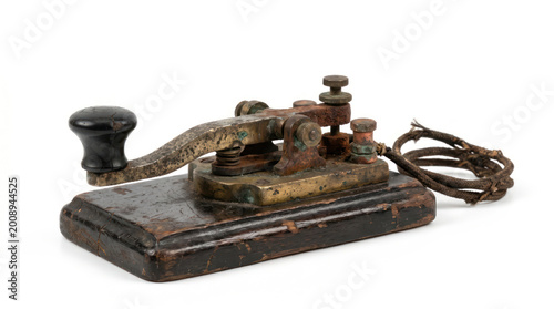 Morse Code Transmitter Antique Telegraph on White Background