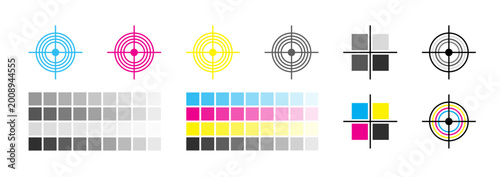 CMYK Color Registration Marks and Calibration Swatches with Grayscale Chart for Professional Printing Quality Control