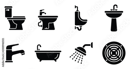 Foto Bathroom fixtures icons toilet urinal sink faucet bathtub shower drain vector set isolated on white