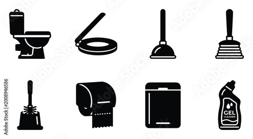 Foto Bathroom hygiene tools toilet brush plunger toilet paper cleaner and toilet lid icons vector set