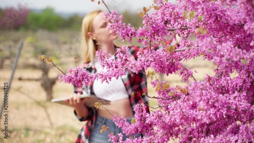 Agronomist using a digital tablet for quality control while examining blooming flowers in a field, showcasing smart farming technology and agricultural business analysis