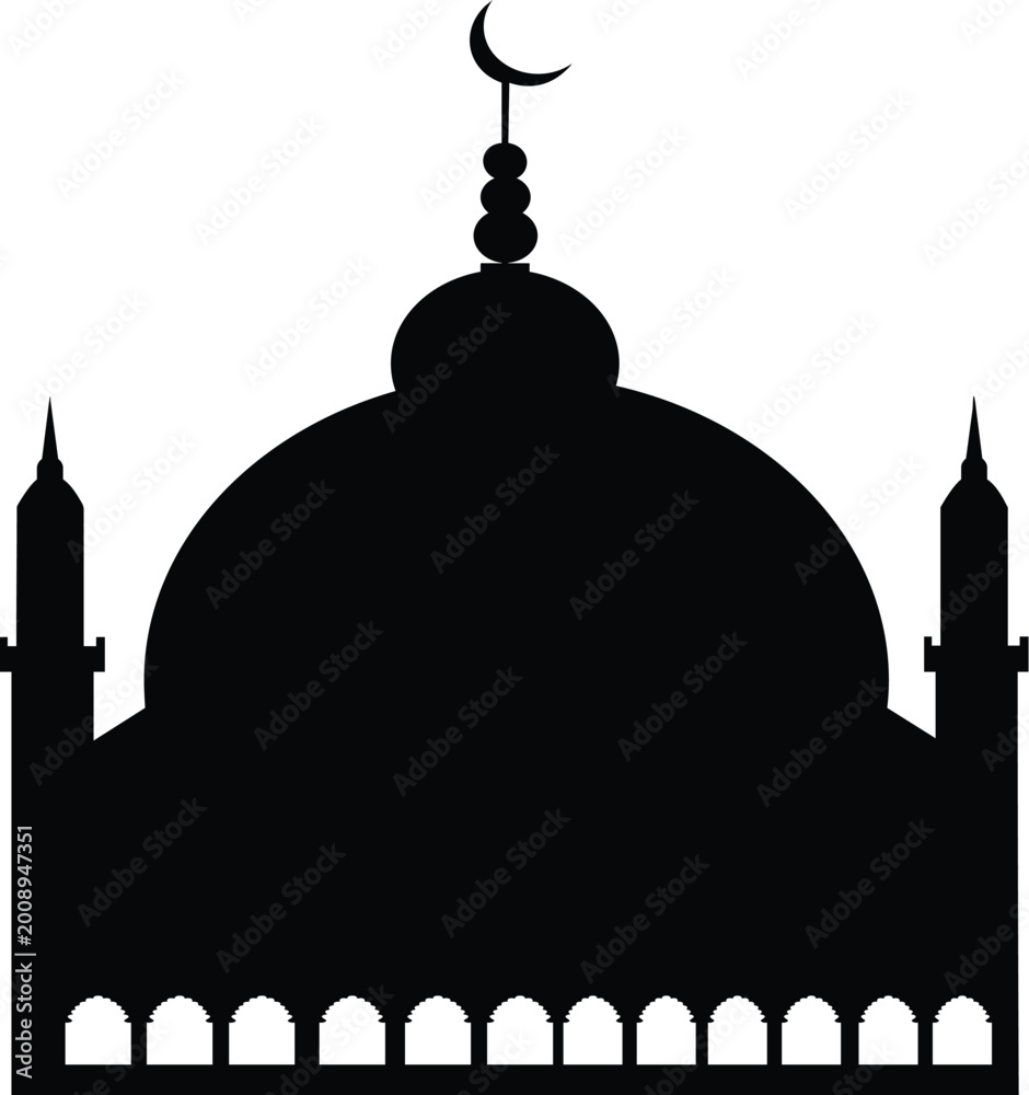 Fototapeta premium Black silhouette of mosque with crescent moon and minarets white 1