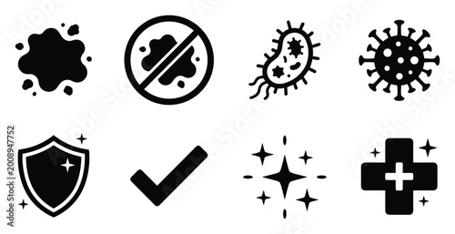 Bild auf Leinwand Cleanliness and hygiene icons including germs, shield, checkmark, sparkle, and medical cross