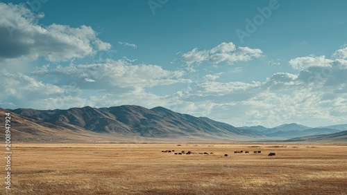 Open Plain with Grazing Cattle and Mountain Range Under Blue Sky