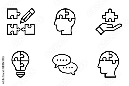 Puzzle Pieces and Human Head Icons Representing Problem Solving, Ideas, and Communication vector illustration