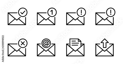 Set of Email Icons: Envelope with Notifications, Checkmark, Exclamation, At Symbol, Document, and Upload Vector Illustration