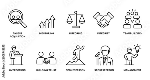 Cuadro en lienzo Business Icons Set: Talent Acquisition, Mentoring, Integrity, Team Building, Spo
