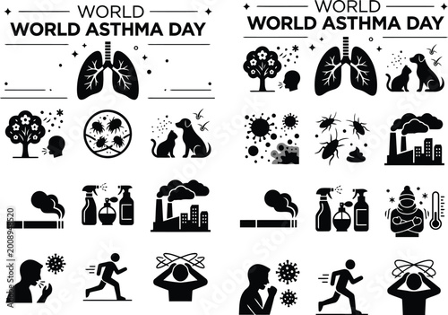 World Asthma Day icons set featuring human lungs medical symbols allergy triggers pollution and respiratory health care