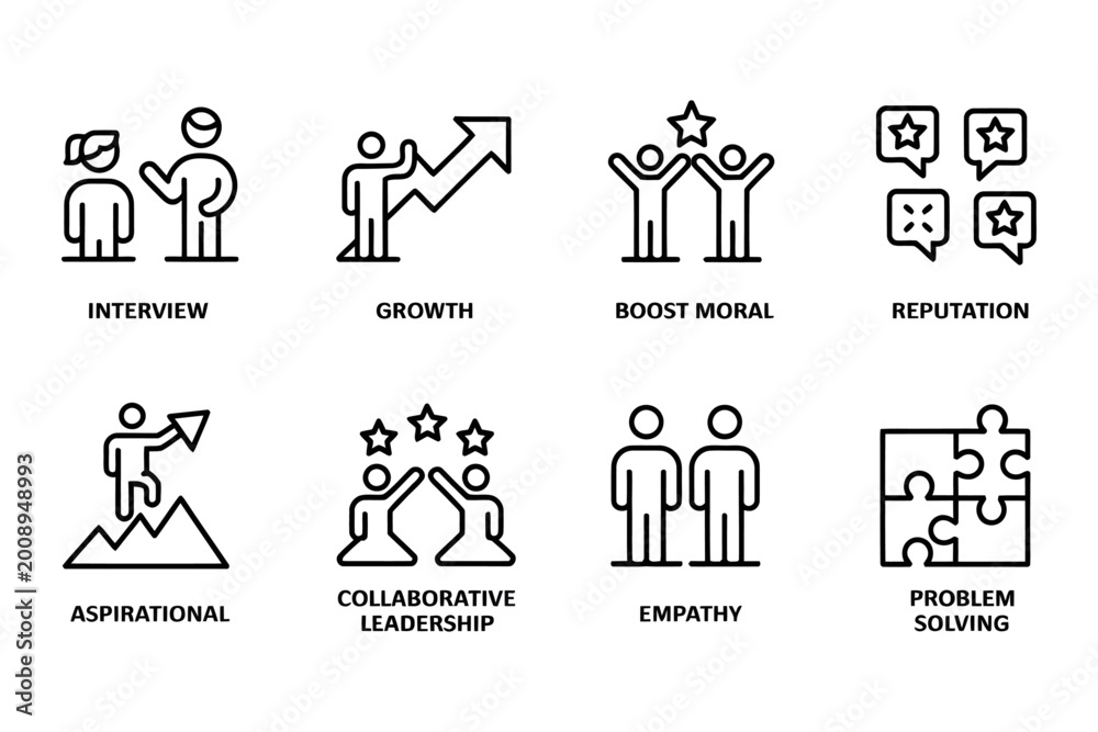 Fototapeta premium Business Concept Icons: Interview, Growth, Boost Moral, Reputation, Aspirational, Collaboration, Empathy, Problem Solving vector illustration